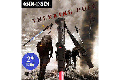 Blue aluminium trekking pole tip detail on rocky ground