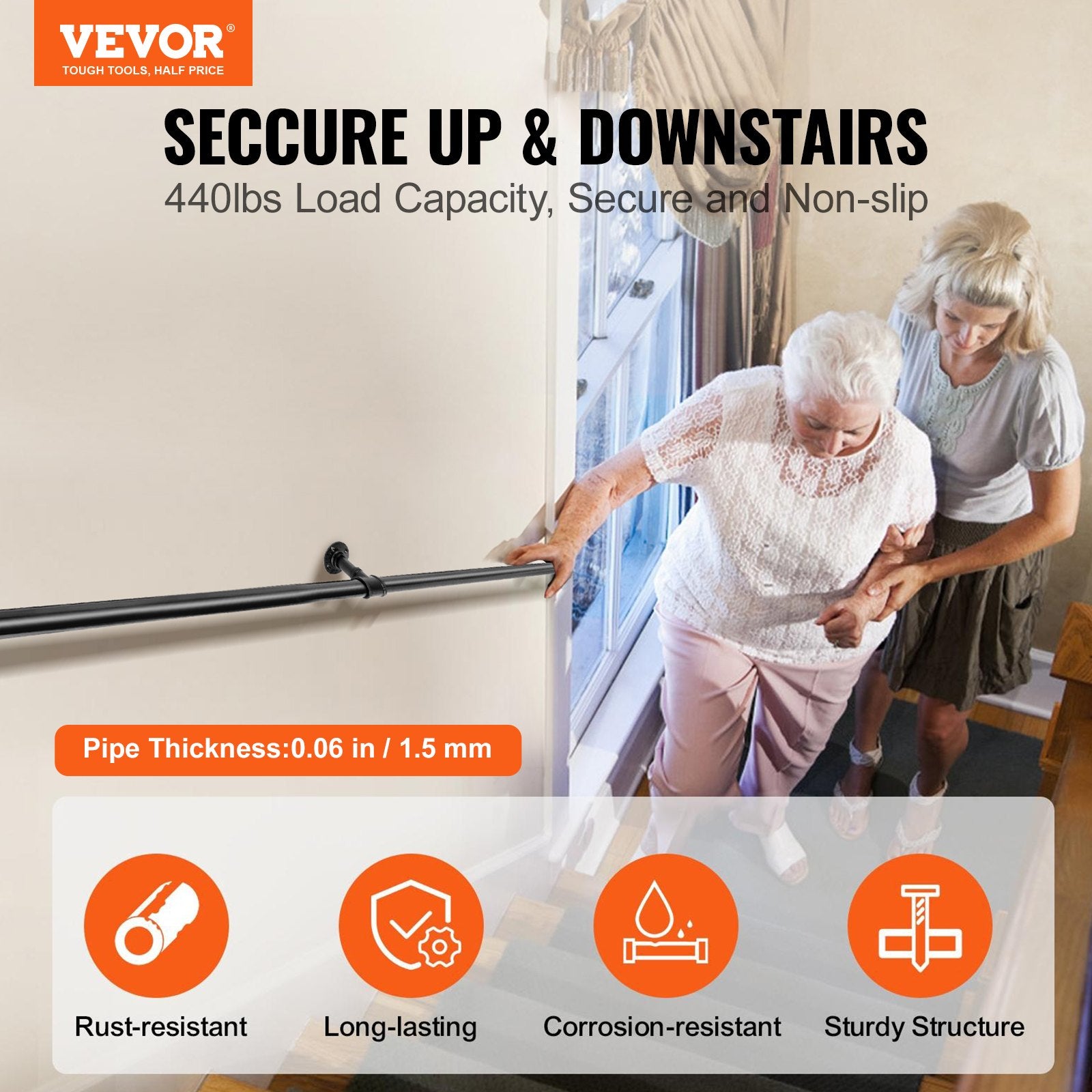 Black matte iron handrail with visible pipe joints