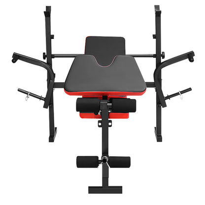 Weight bench folded for easy storage in home gym