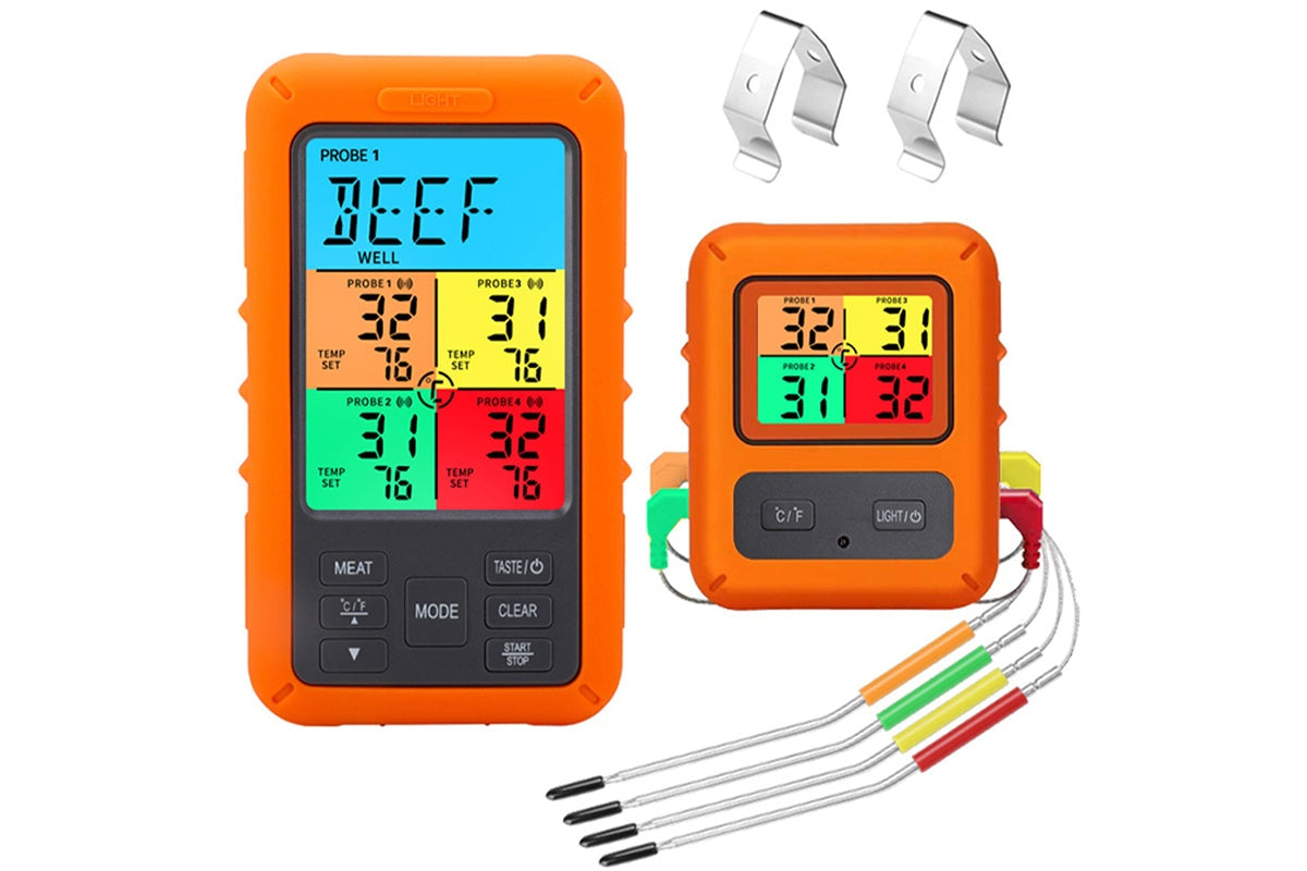 Close-up of waterproof stainless steel probe on meat thermometer