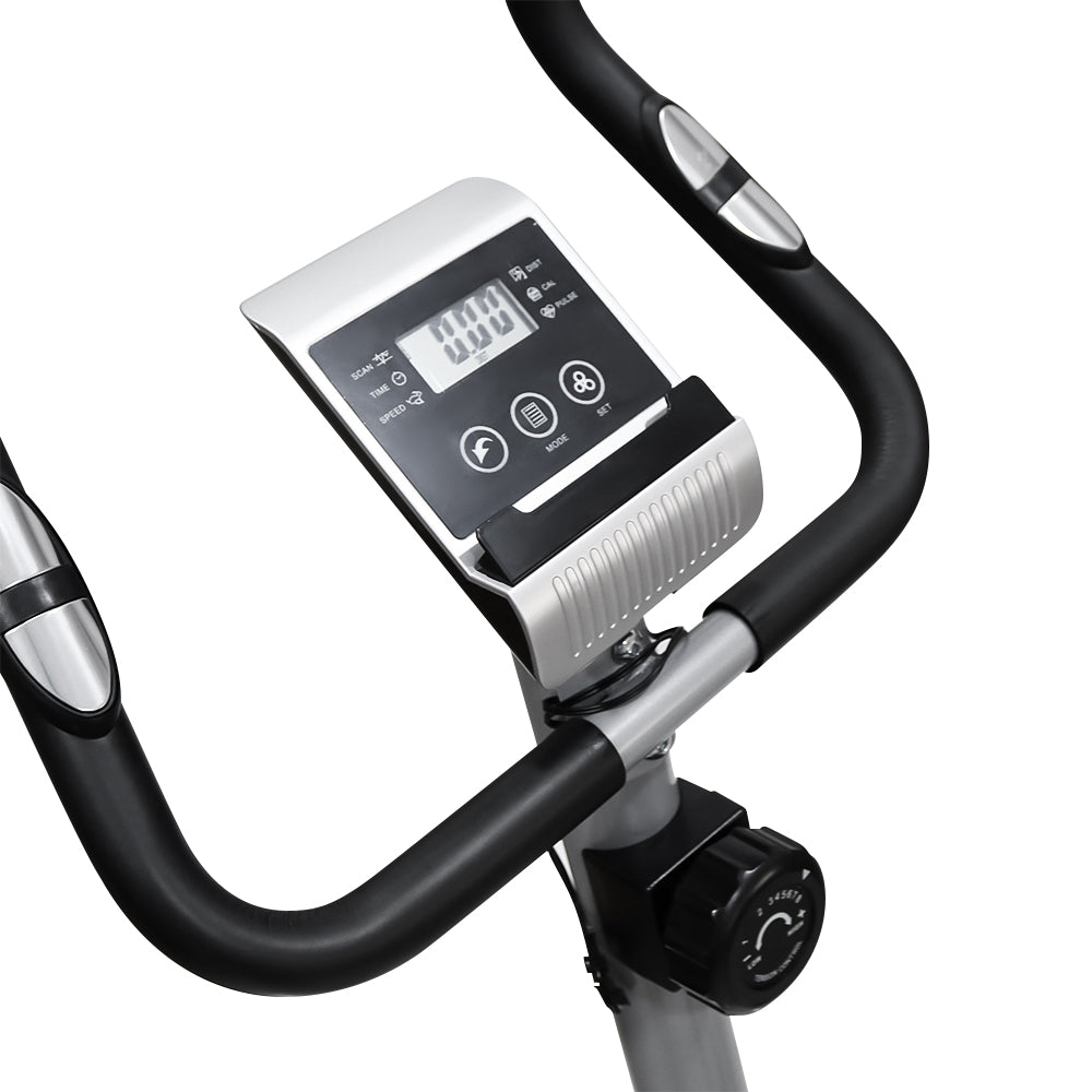 Top view of exercise bike console and handlebars