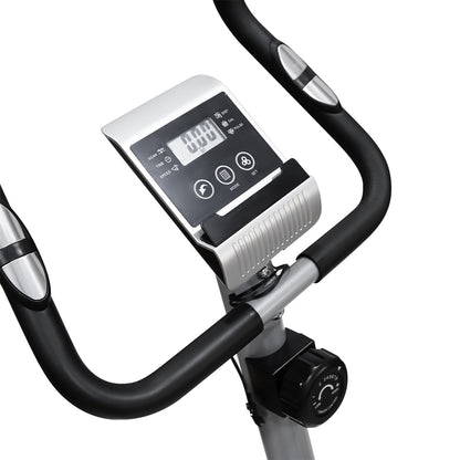 Top view of exercise bike console and handlebars