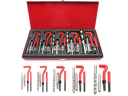Close up of red case holding thread repair kit tools