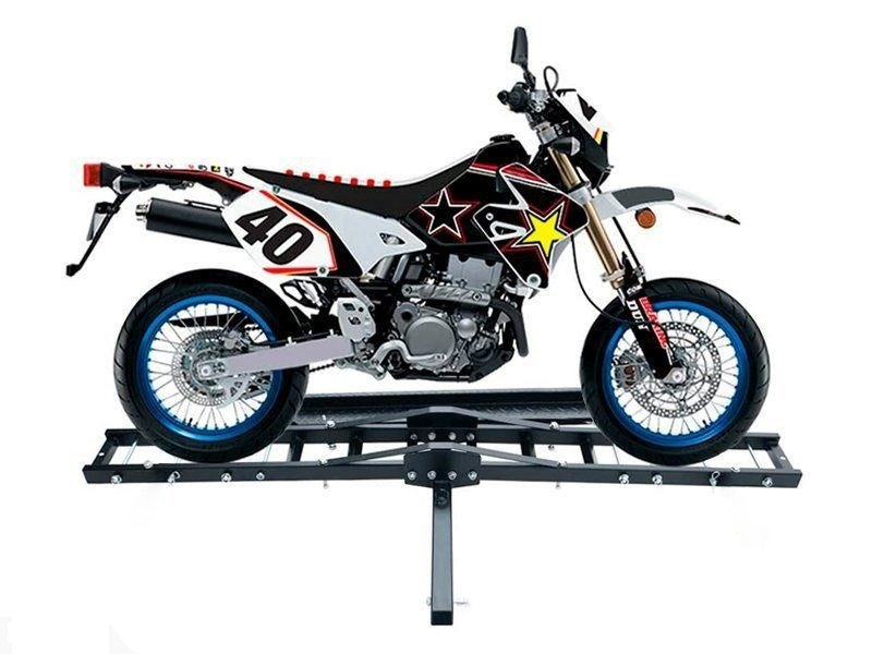 Loading ramp attached to motorbike carrier dirt bike rack in black