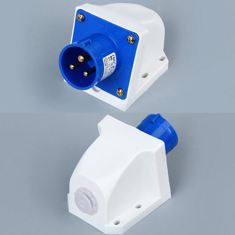 Top angle of 16 amp caravan male inlet with cable entry