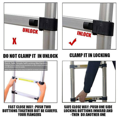 5m telescopic ladder locking mechanism detail in silver aluminium