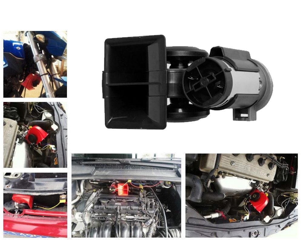 Black car horn air horn 12V showing size compared to hand