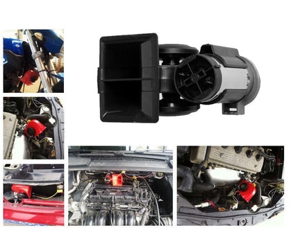 Black car horn air horn 12V showing size compared to hand