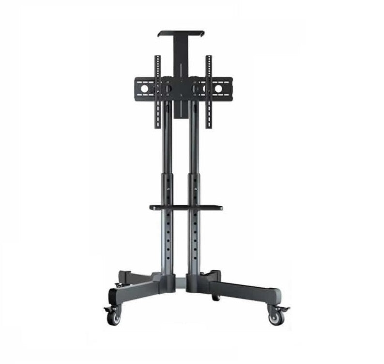 TV stand height adjusted to highest position with TV mounted