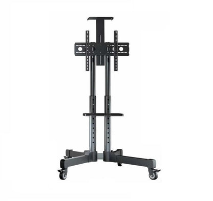 TV stand height adjusted to highest position with TV mounted
