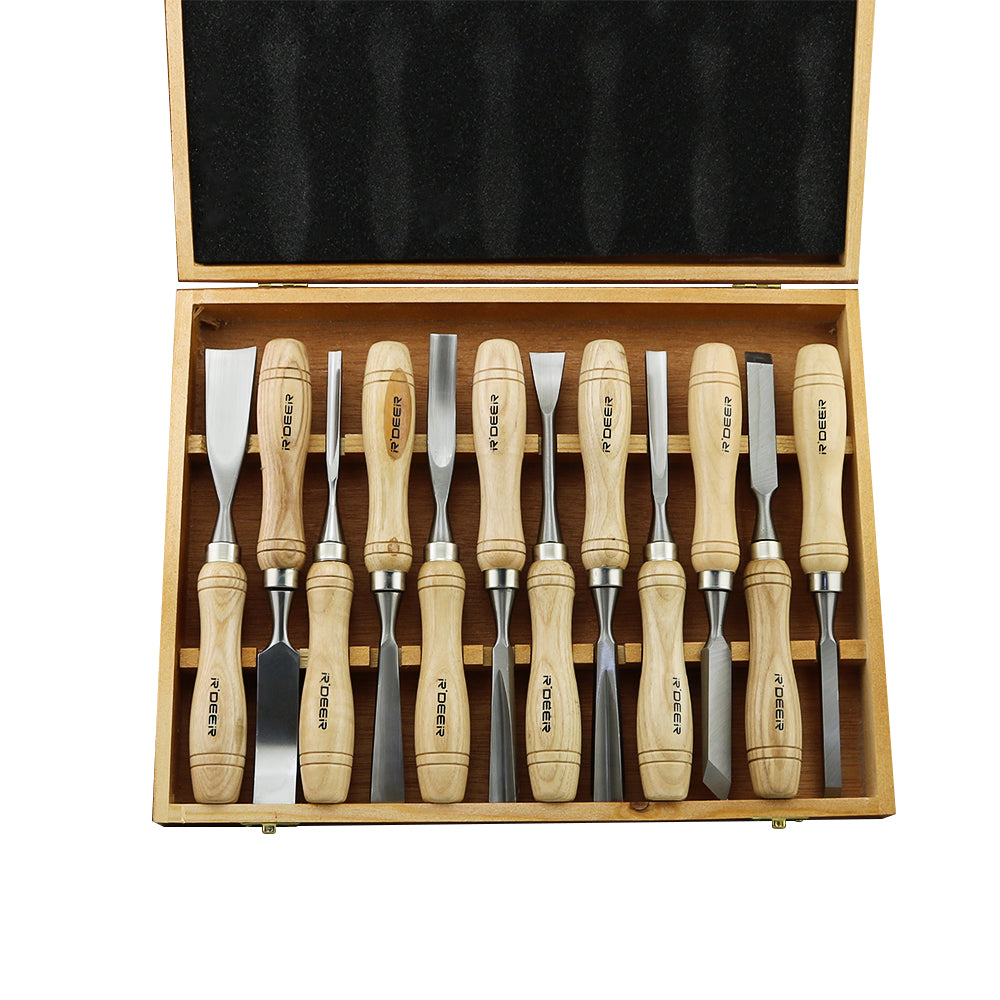 Wood carving tools set compact wooden case closed for storage