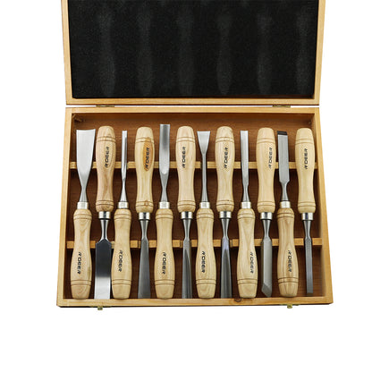 Wood carving tools set compact wooden case closed for storage
