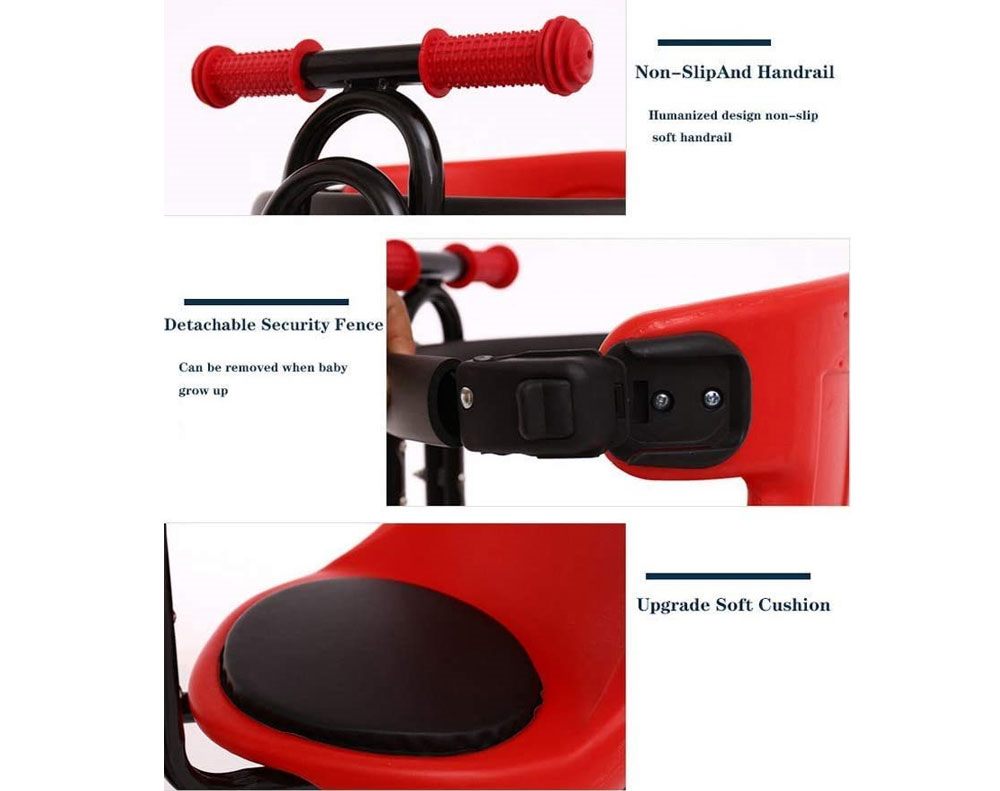 Close-up of pedals on child bike seat carrier for foot safety