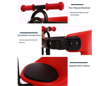 Close-up of pedals on child bike seat carrier for foot safety