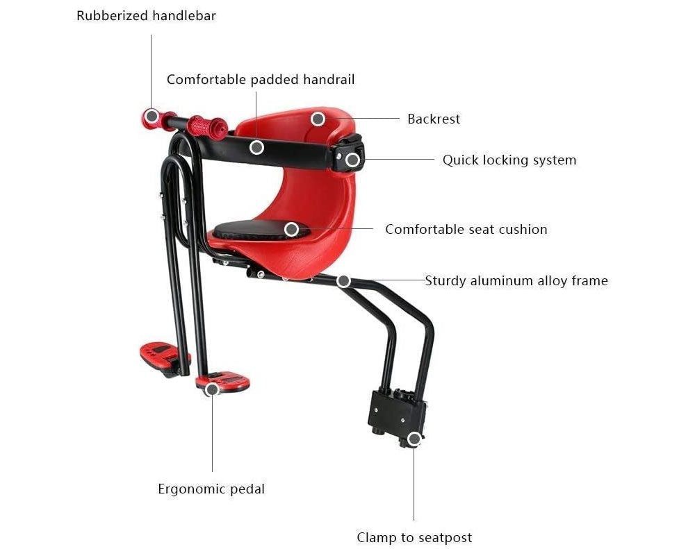 Child bike seat carrier showing front mounted design
