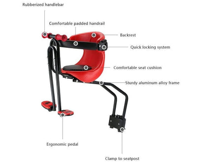 Child bike seat carrier showing front mounted design