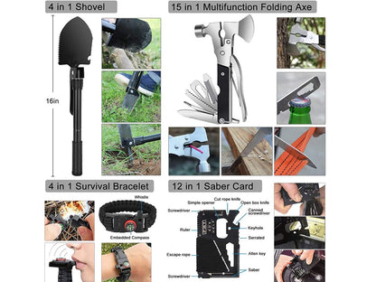Close-up of 15-in-1 tactical axe in emergency survival kit set