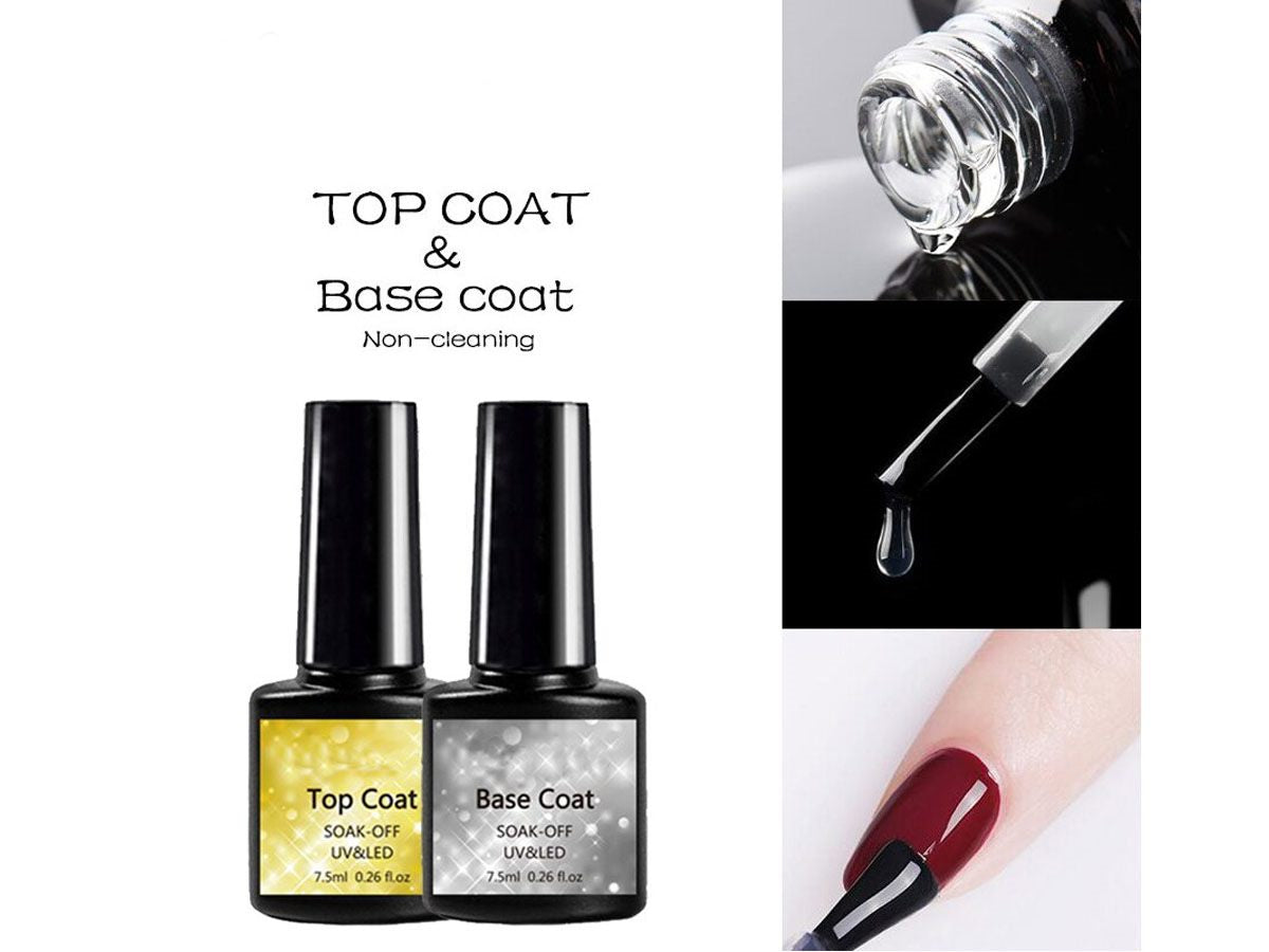 Top coat and base coat bottles in the nail gel set
