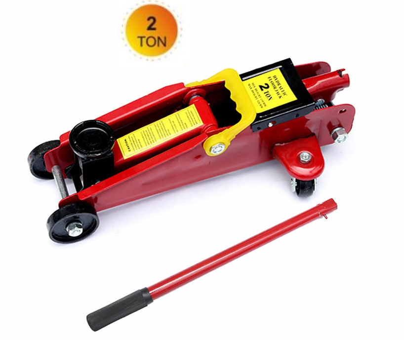 Red trolley floor jack showing rotating double layer feature