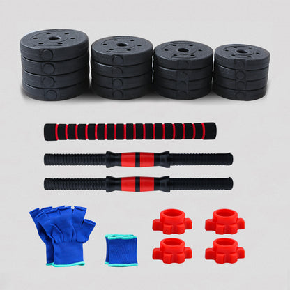 Side view of dumbbell barbell set with iron plates