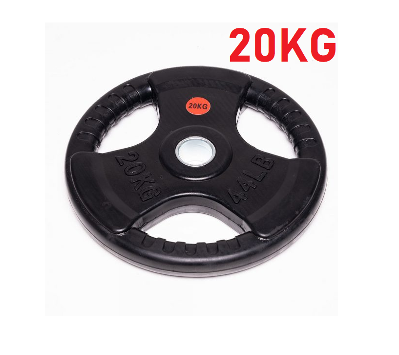 Side view of 20kg Olympic bumper weight plate with cast iron core
