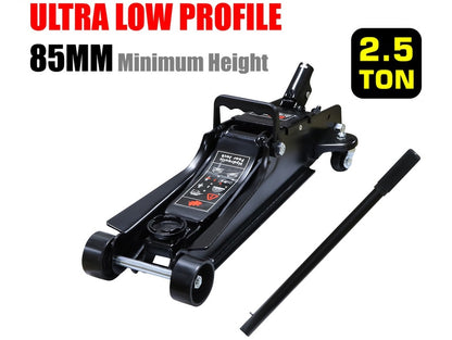 Low profile trolley floor jack lifting a car chassis