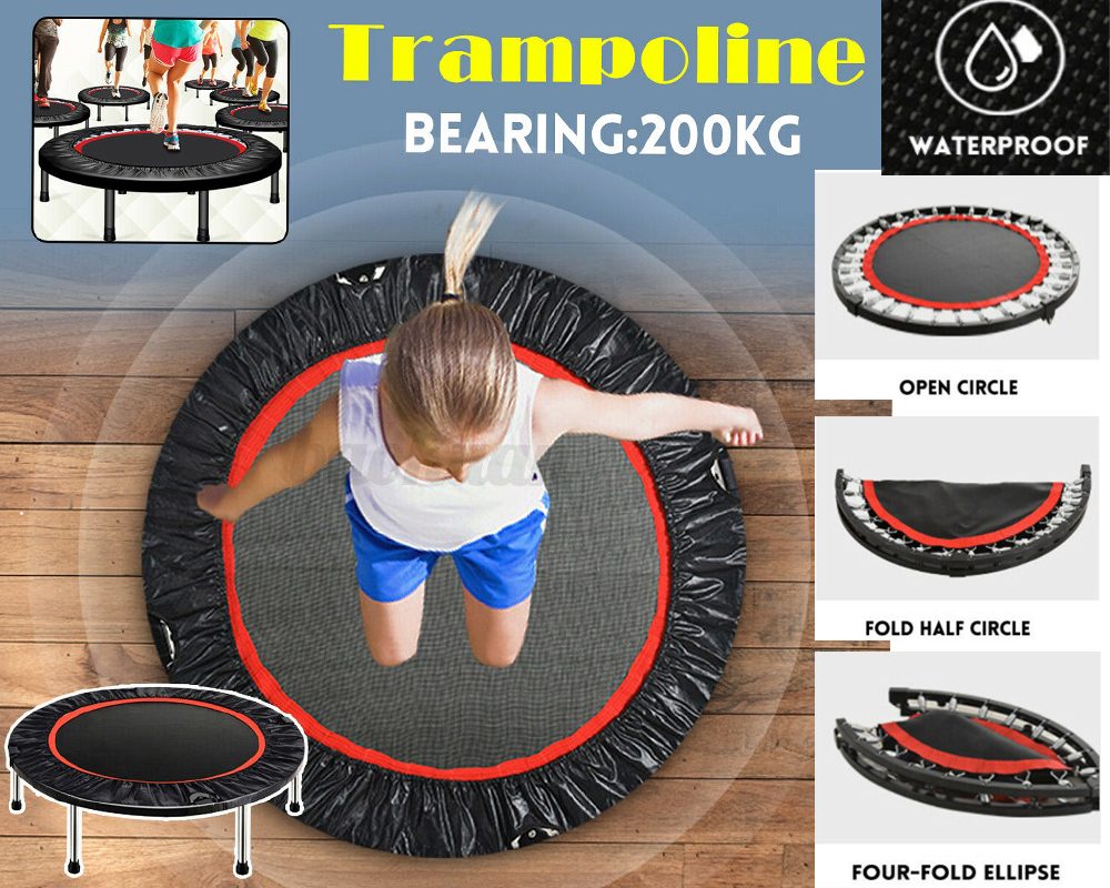 User jumping on trampoline mini foldable rebounder indoors
