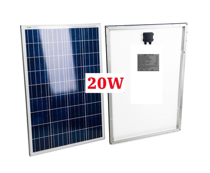 Back view of 20W solar panel showing wiring connections