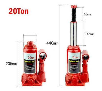 Hydraulic bottle jack 20 ton lifting a car in a garage