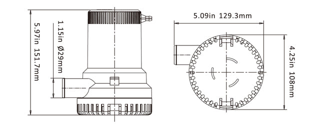 Water bilge pump 2000GPH showing temperature rating label