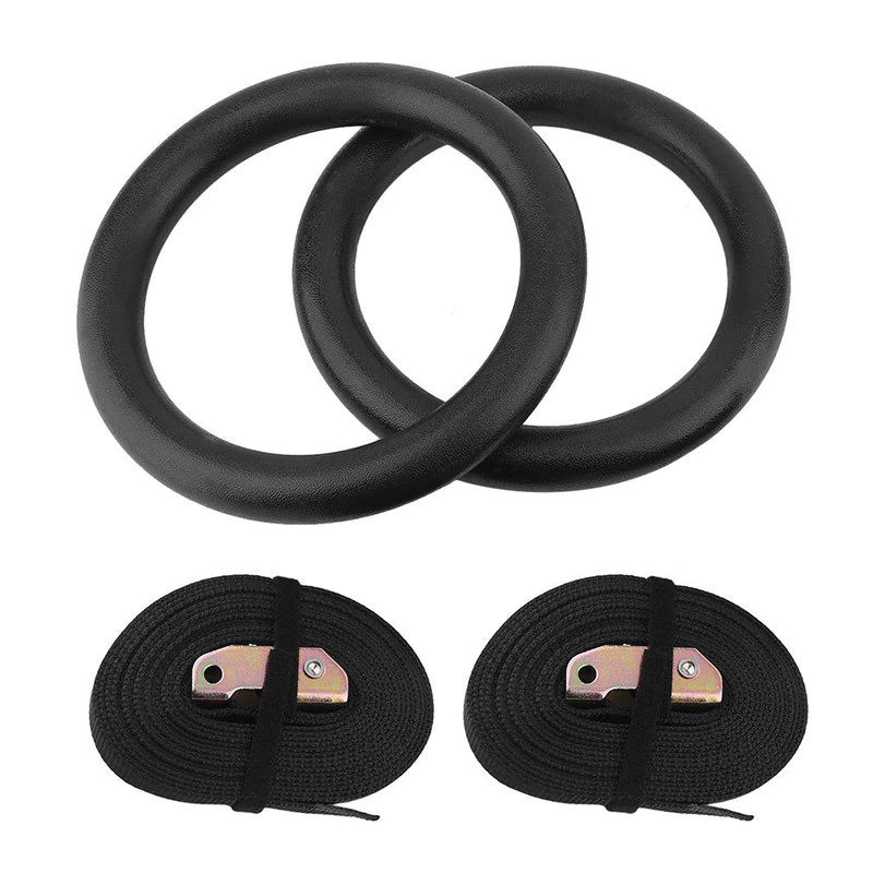 Side view of Olympic gymnastic rings with quick-lock buckles