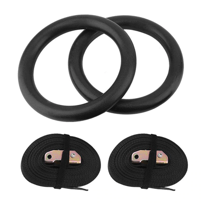 Side view of Olympic gymnastic rings with quick-lock buckles