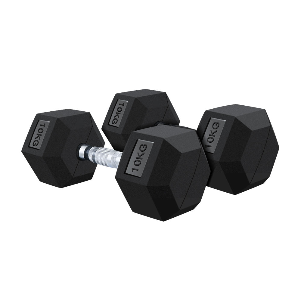 Rubber coated heads of dumbbell set 2x 10kg hex weights detail