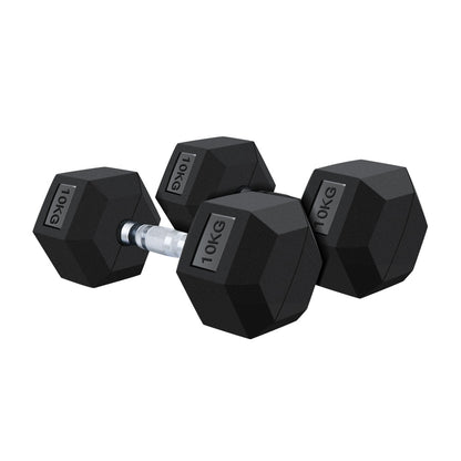 Rubber coated heads of dumbbell set 2x 10kg hex weights detail