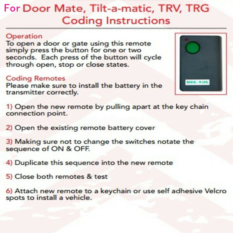 DOORMATE COMPATIBLE GARAGE REMOTE for Tiltamatic and Door Mate Doormate T700