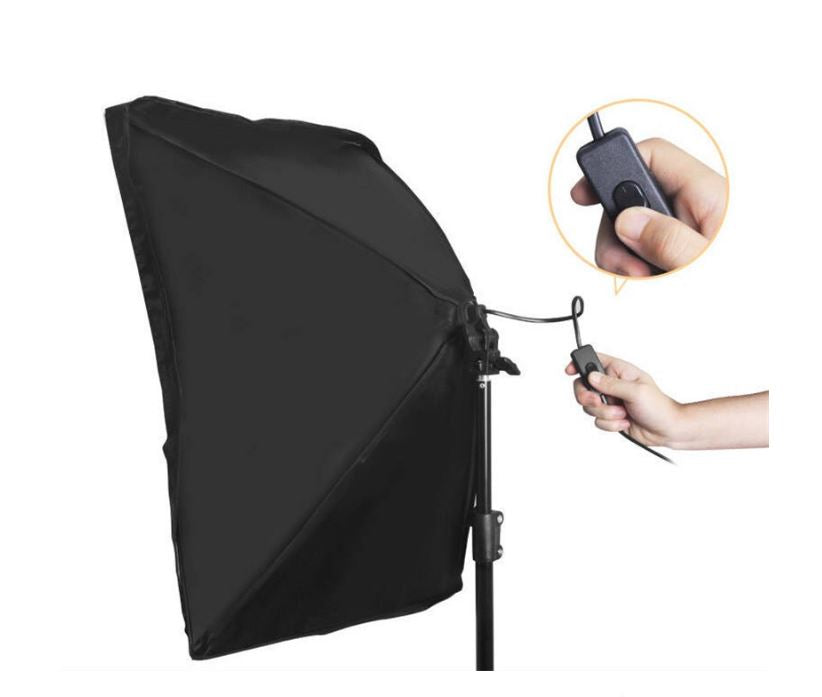 Side view of photography studio lighting kit soft box with silver interior