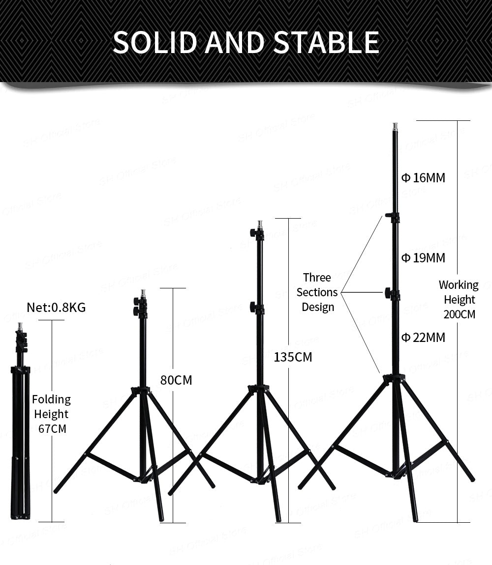 Photography studio lighting kit showing 2m height adjustable stand