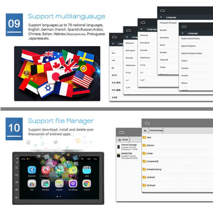7inch car stereo displaying FM radio presets