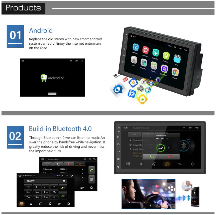 Car stereo Bluetooth player showing FM radio preset stations