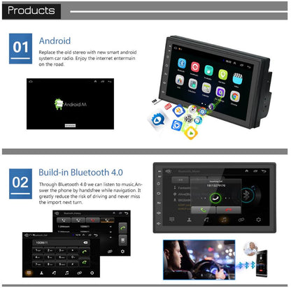 Car stereo Bluetooth player showing FM radio preset stations