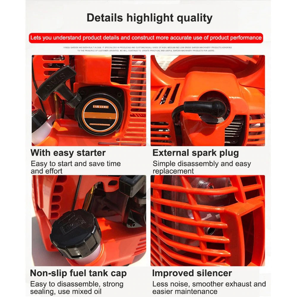 Lightweight petrol leaf blower resting on garden path