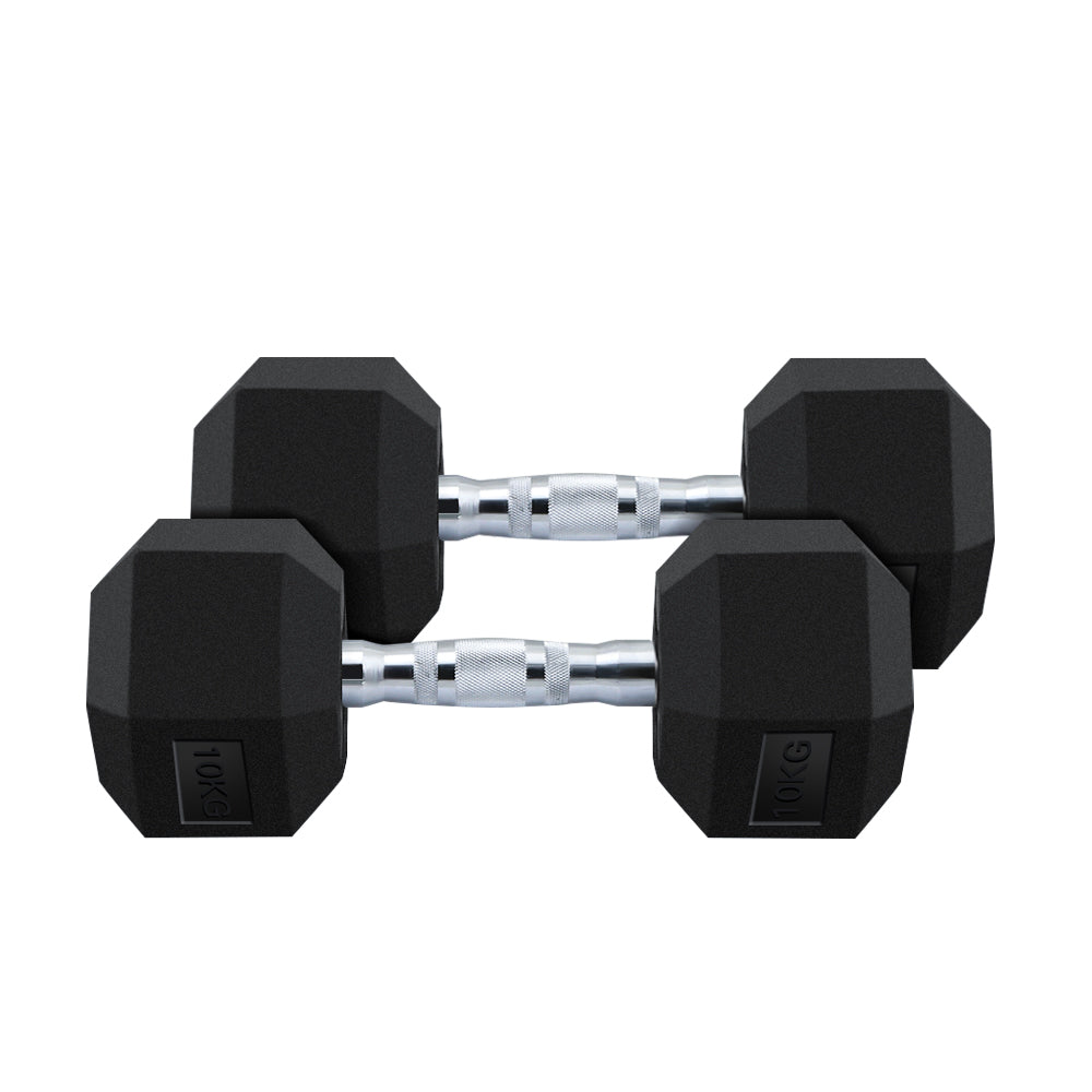 Dumbbell set 2x 10kg hex weights resting on gym floor