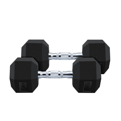 Dumbbell set 2x 10kg hex weights resting on gym floor