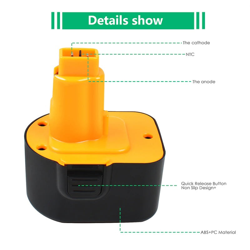 DeWalt 12V battery placed next to cordless drill