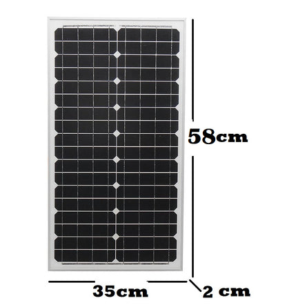 Back view of 30W solar panel with wiring connections