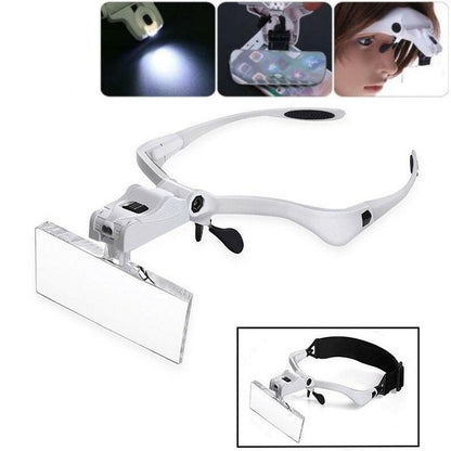 Side angle of head mount magnifier with adjustable LED light switched on