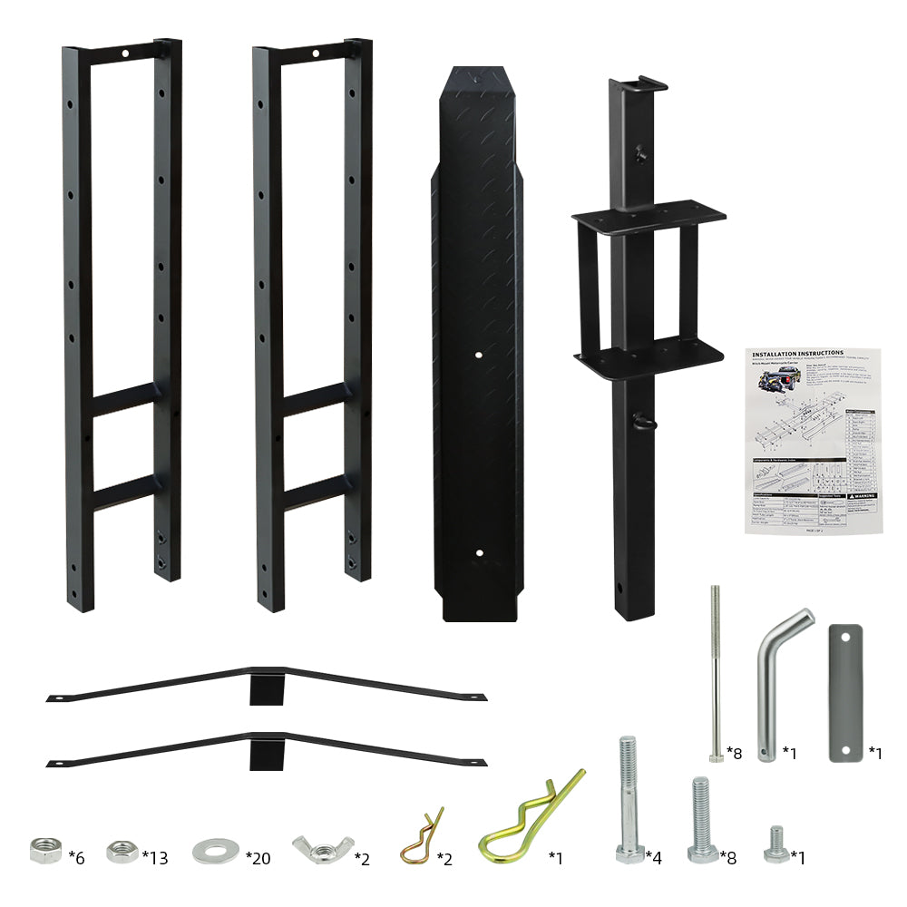 Motorbike carrier dirt bike rack carrying a dirt bike on black frame