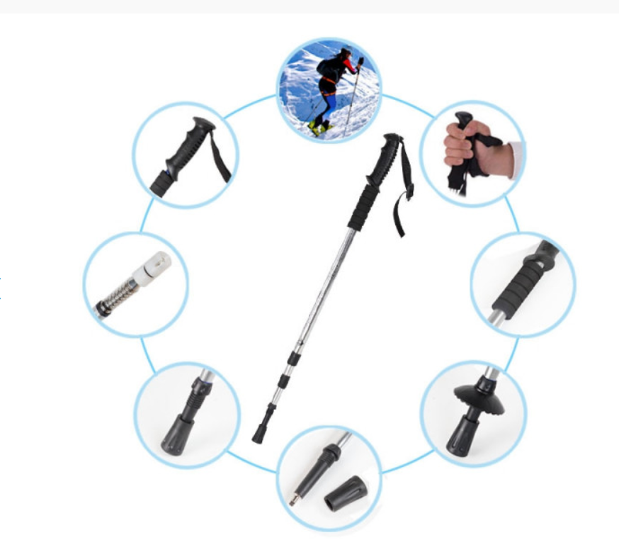 Rubber tips on trekking poles for grip on rough terrain