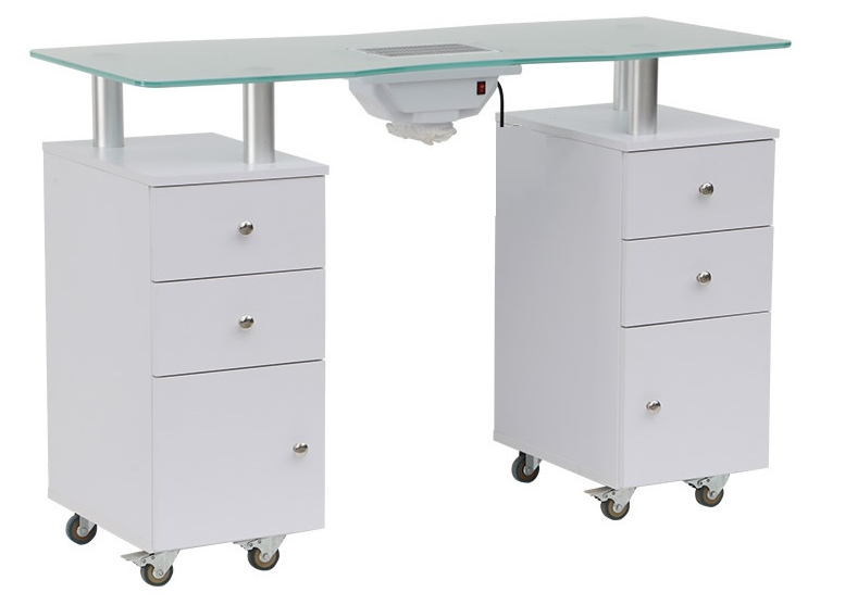 Close-up of tempered glass top on manicure table with fan in white