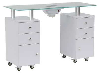 Close-up of tempered glass top on manicure table with fan in white